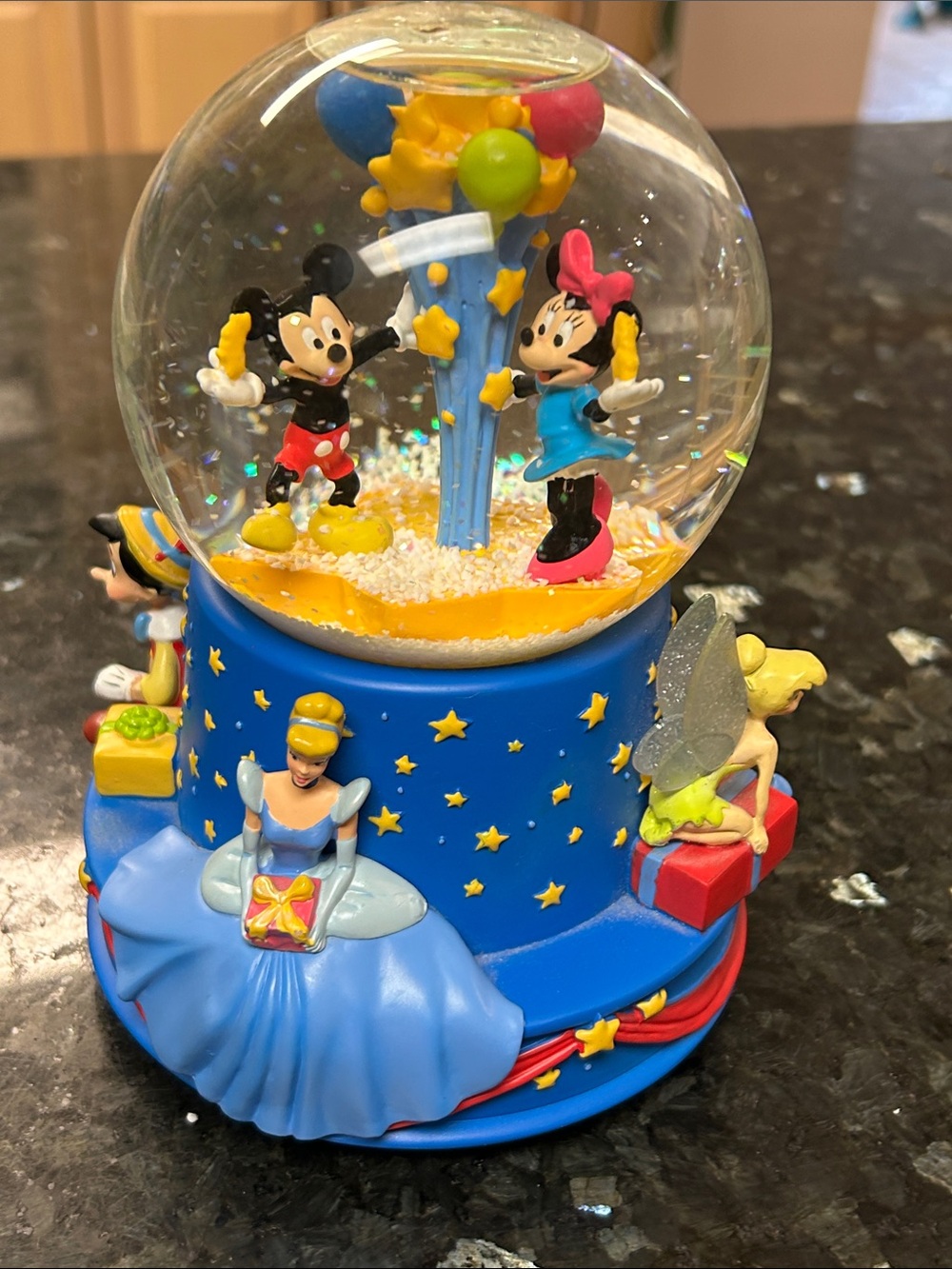 Disney Blue Mickey & Minnie Snow Globe with Cinderella and Tinker Bell